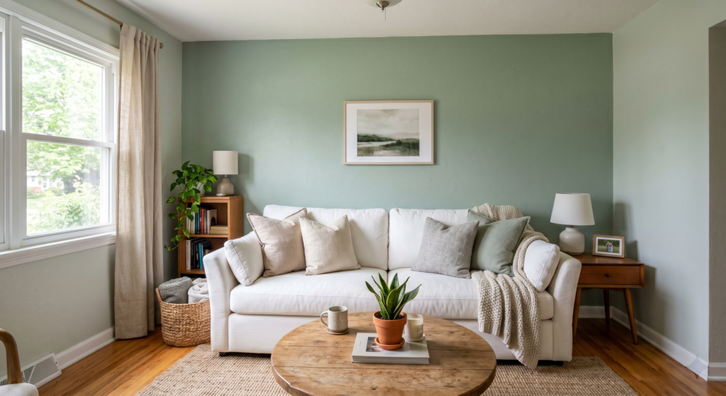 A soft matte sage green accent wall providing a serene backdrop for a plush white fabric sofa with linen pillows.