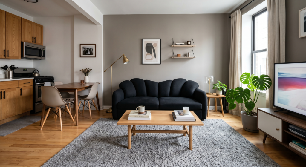 A modern open concept living room displaying a black sofa with a fluid sculptural pillow back silhouette on a gray rug.