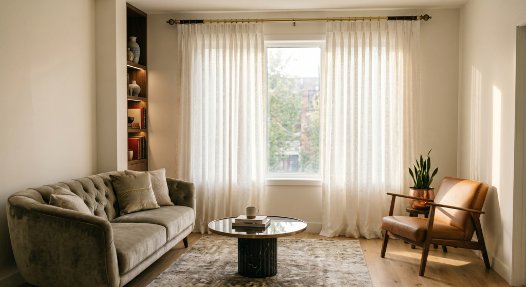 Translucent white linen curtain panels filtering soft bright sunlight into a modern neutral room.