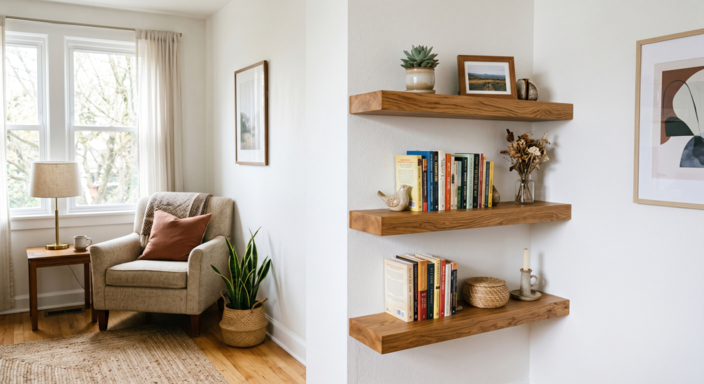 Three thick natural oak floating shelves stacked vertically in a white living room wall corner.