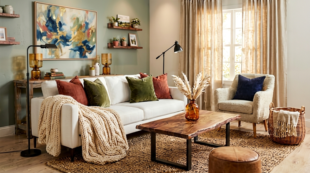 Premium white sofa styled with terracotta and olive velvet cushions, an oatmeal boucle chair, and a live-edge walnut coffee table on a jute rug.