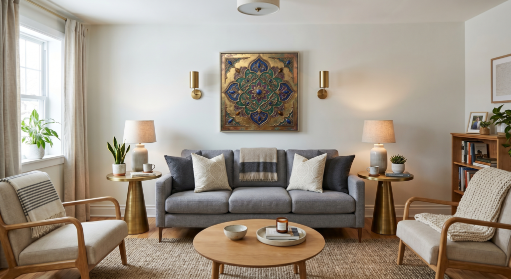A perfectly symmetrical living room setup with a central gray sofa flanked by twin brass tables.