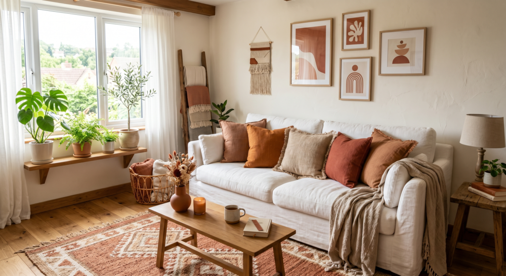 Earthy terracotta and rust-colored linen pillows neatly layered on a comfortable white linen sofa in a sunlit room.