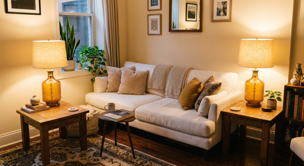 Two round, nubby cream wool poufs sitting casually on a hardwood floor next to a plush white sectional sofa.