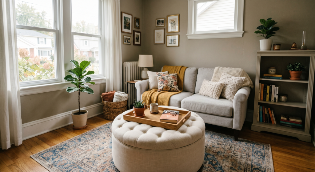 A round tufted cream fabric storage ottoman holding a wooden tray in a small living room.
