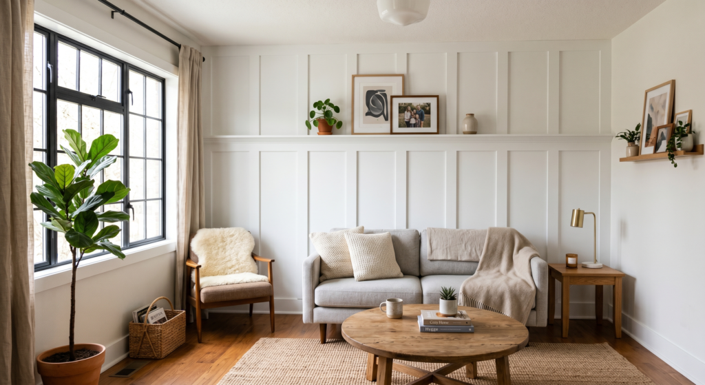 A bright small living room featuring a classic white vertical board and batten trim wall.