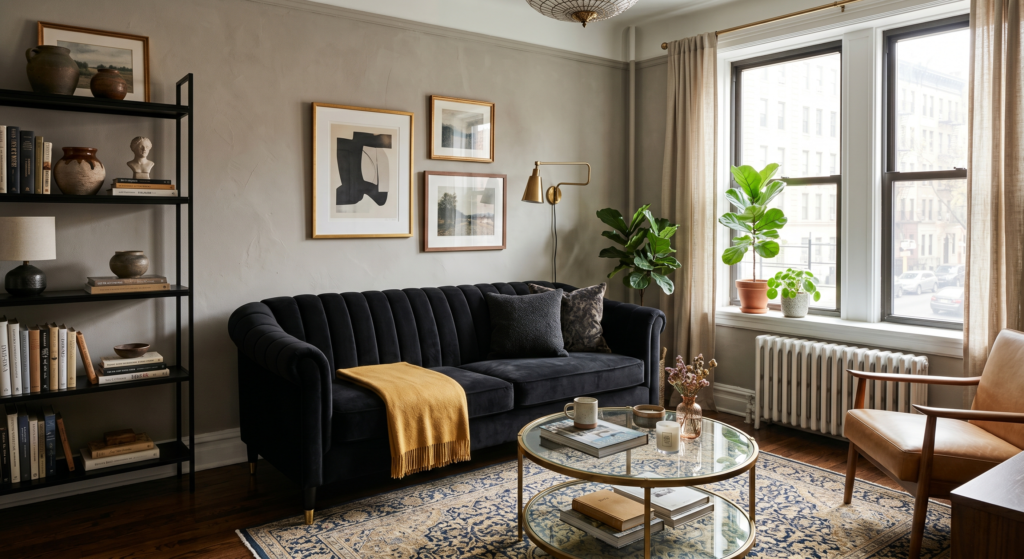 A sophisticated living room showcasing a black velvet sofa with elegant vertical channel tufting along the back.