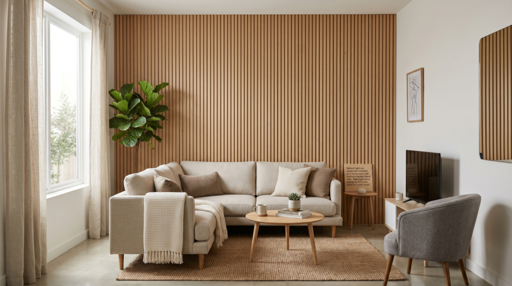 Vertical light oak wood slats installed on a living room wall behind a neutral fabric sofa.