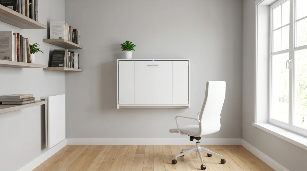 A white wall mounted drop leaf desk folded up neatly to look like a modern cabinet.