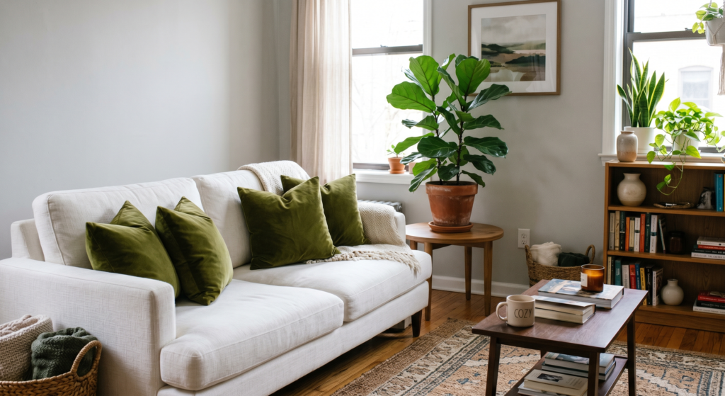 Rich olive green velvet accent pillows arranged neatly on a plush white living room sofa next to a potted fiddle leaf fig.