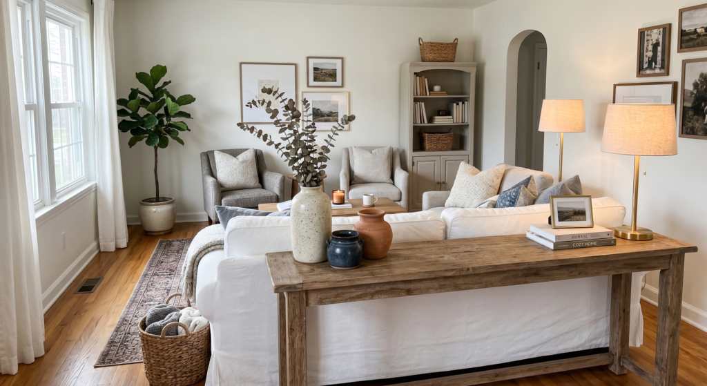 A weathered oak console table positioned behind a crisp white sofa decorated with ceramic vases and matte brass lamps.