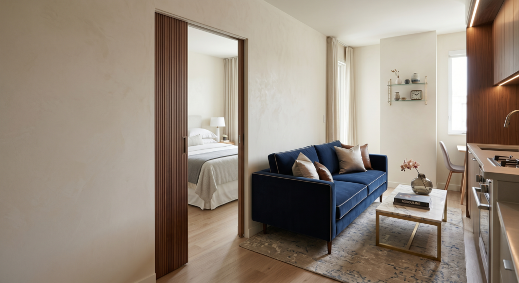 A modern white sliding pocket door disappearing into a drywall opening next to a sofa.