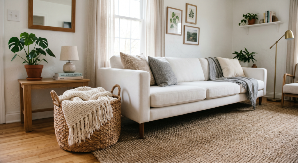 A round woven rattan storage basket holding a fringed cream blanket placed next to a modern white sofa.