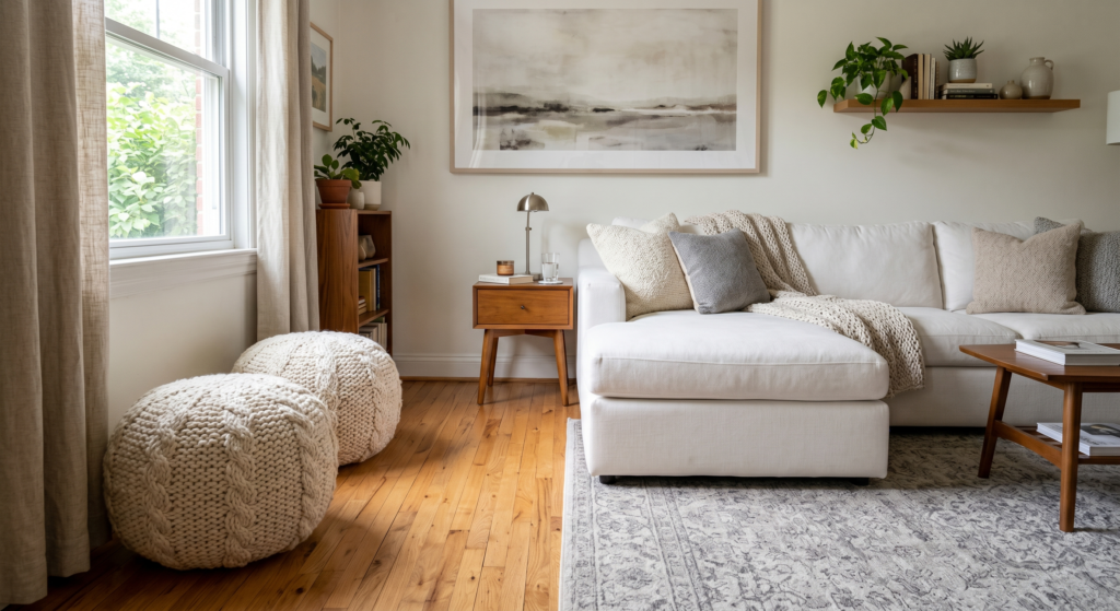 A high-end woven seagrass wallpaper accent wall framing a contemporary white sofa with neutral accent pillows.