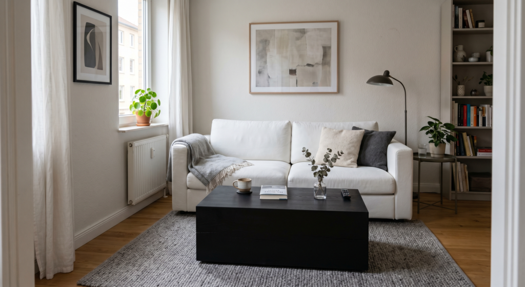 A tall woven sweetgrass basket with leather handles sitting on a hardwood floor next to a white sofa.
