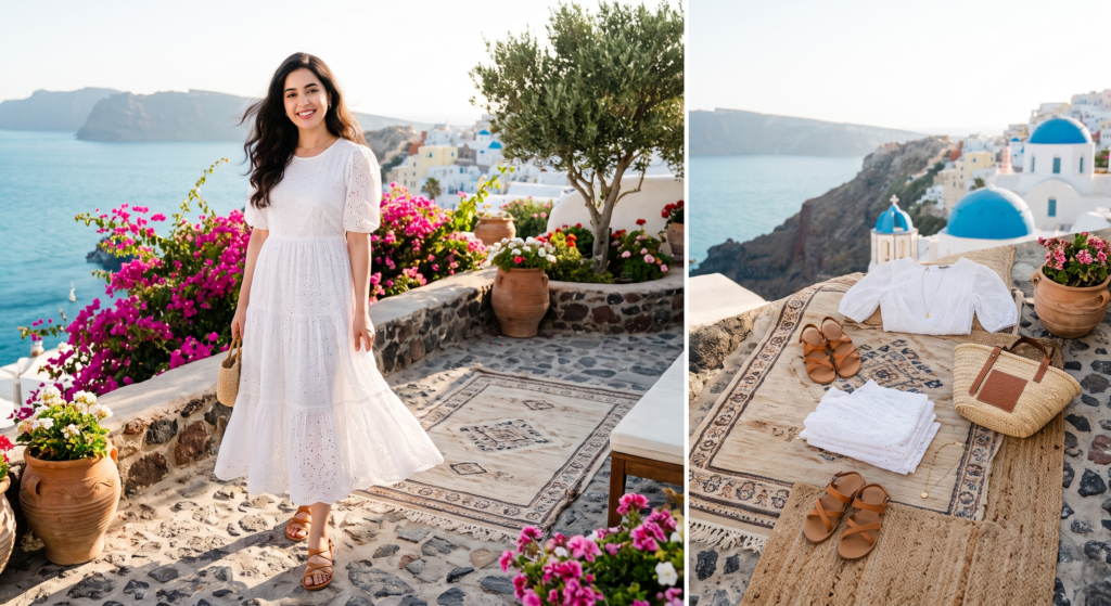A premium lifestyle photo of a white eyelet midi dress arranged beautifully next to tan leather sandals.