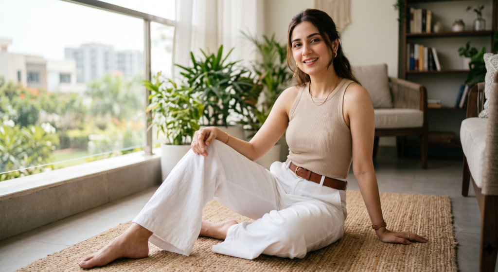 A professional fashion photograph of a white knit halter dress displayed on a minimalist background.