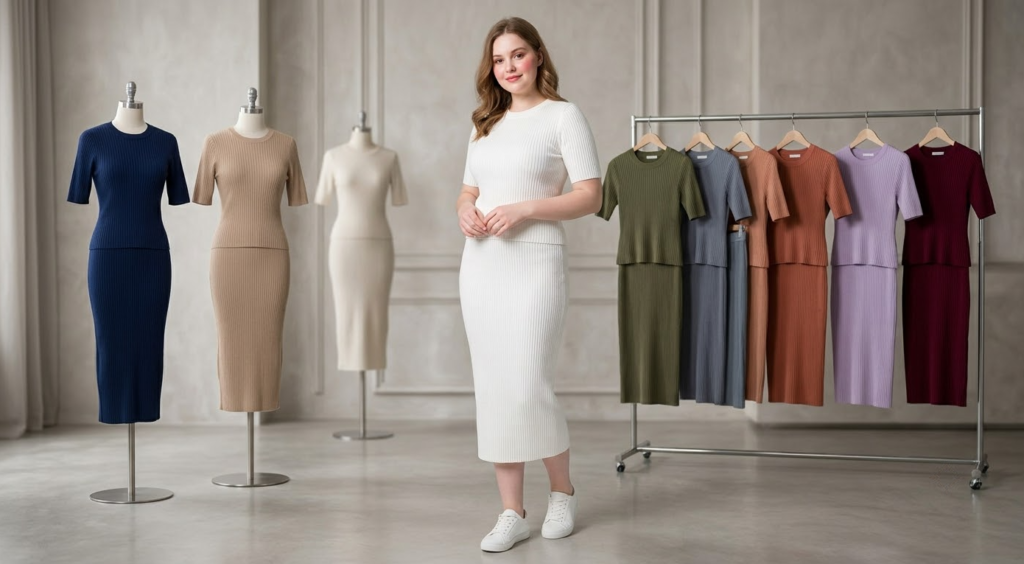 A unified studio shot of a white ribbed knit top and matching midi skirt on a neutral background.