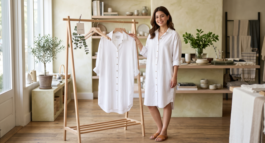 A crisp white oversized cotton button-down shirt dress displayed neatly on a minimalist rack.